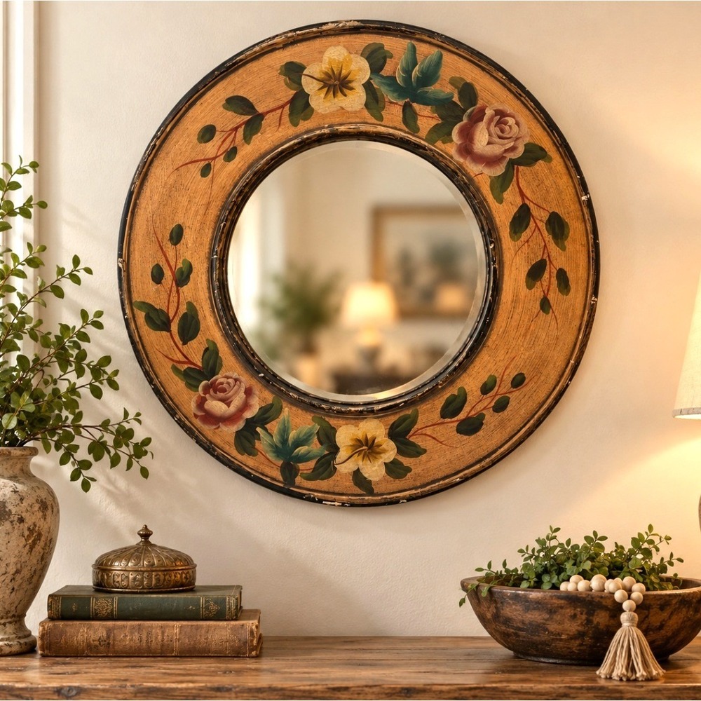 Vintage 20" Round Hand Painted Floral Rose Wood Wall Mirror Cottagecore Folk Art